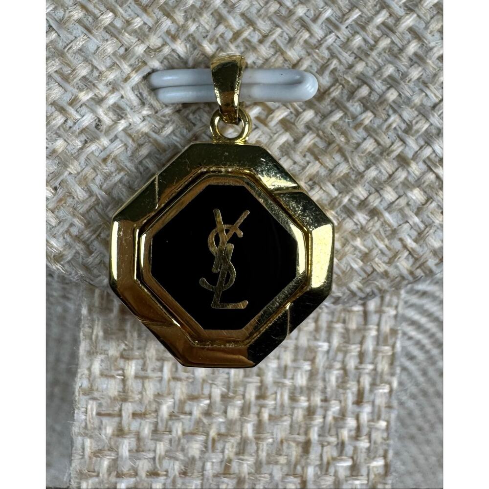 Vintage Yves Saint Laurent YSL Octagon Pendant Gold Tone Black Enamel